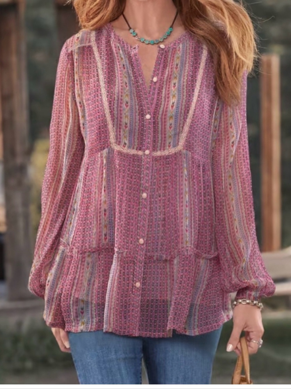 Sundance Pink Sheer Peasant Blouse Southwestern Boho Sz Large